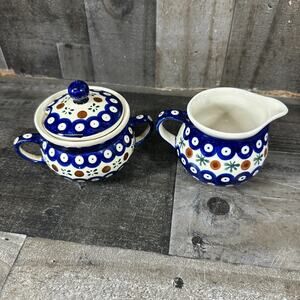 Vintage Boleslawiec Polish Pottery Mosquito‎ Pattern Cream And Sugar